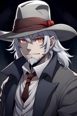 Anime male that is a vampire hunter with white hair with a fedora.