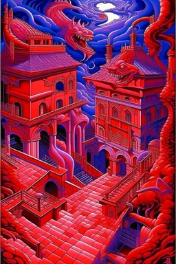 A violet red fiery demonic realm with realms painted by MC Escher