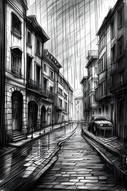 madrugada nublado y lluvioso, misterioso y solitario, boceto lapiz, en las calles de la ciudad colores en tonos oscuros y frios