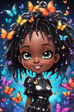 A sassy futurism ABSTRACT colorful art cartoon black chibi girl LOOKING DOWN, surrounded by colorful BUTTERFLIES. Looking up coyly, she grins widely, showing her platinum and diamond cap teeth. Highly detailed black shiny dread locs , regal expression.