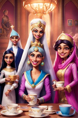 One day, Queen Batool was having a good time with her special team that was called "The Tea Council". Her team included: - Rayouf, the brave princess and the leader of the tribe - A talented writer who writes amazing stories - A real Barbie doll that talks and moves - Jim Carrey, the star of comedy and satire - Donald Trump, the former US president and the controversial figure They met in a spacious room decorated with large windows that allow sunlight to enter, bright colors, green plants, mode