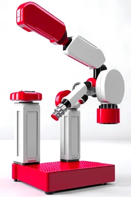 blood red, white and grey colored 2 arm robot that can pick up multiple products at the same time and is on a slider