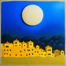 Village with moon, solchi e rilievi, blue, golden, pointillism decal bas-relief materic, René Magritte