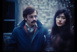 a young man and a beautiful woman standing next to each other, 1 9 8 0 s analog video, with mustache, small glasses, cold scene, out of focus background, house on background, the woman has long dark hair, photo realistic