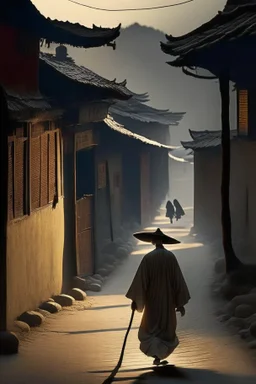 Man walks on road's chinese village with playing light and shadow as ho fan style