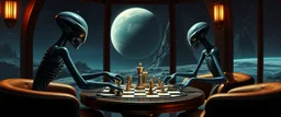 aliens playing chess in lounge on beautiful planet