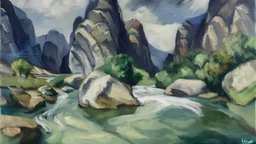 Mountains, river, rocks, max liebermann impressionism painting