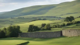 Beautiful landscape in the English Yorkshire Dales, hills, fields, rural buildings, stone walls, balance, chiaroscuro, peace, tranquillity, beautiful light and colour