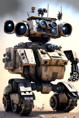 10k hyper realistic detailed evil armored military WALL-E robot with weapons, equiped with mounted blades and machine gun turrets