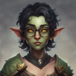 dnd, portrait of cute young orc-elf hybrid femboy, black hair, short hair curled hair, hair covering one eye, round glasses, tusks, sharp teeth, yellow eyes, flat chest, mage, magic, nose ring, pierced ears