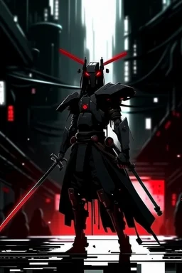 samurai robot in black cloak in a cyberpunk environment and big blood sword anime