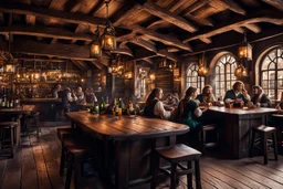 long shot of a beautiful tavern with peoples drinking , if I tell a story of her eyes beauty , her eyes story will collapse a tavern,The drunkards of the pub are all upset from her beauty