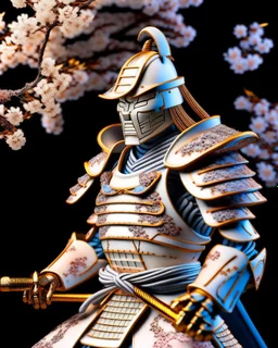 Fascinating portrait of male samurai in exquisite ukiyo-e porcelain armor, adorned with delicate floral motifs, harmonious combination of soft whites and earthy tones, powerful pose, with samurai helmet, imposing presence accentuated by the grip of a magnificent white porcelain katana . Ukiyo-e inspired landscape, golden sunset and Sakura trees create a captivating cinematic atmosphere