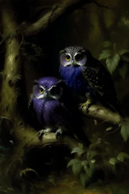 A blackish blue violet mysterious thicket with owls painted by Gustave Courbet