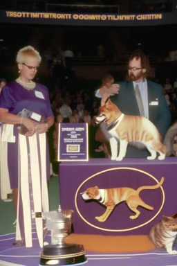 1990 dog show realistic (film Color Mission 200::10) photo from old disposable camera with a cat body rabit head winning first prize, grainy photo