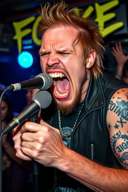 A very angry and bitter punk rocker screaming at microphone, very aggresive image in a club house, his name i FOLKE, and the name FOLKE in background