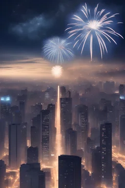 A huge city with blue fireworks over the skyine. beautiful night