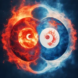 double exposure depiction of Duality. Fire and water inside ying and yang symbol. Red and Blue, sharp focus, textured, illustration, fantasy core, lightleaks. surreal masterpiece, symmetrical