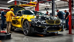 A car repair shop where several people are repairing a black and yellow BMW M6 series has an eye-catching theme and a unique and beautiful appearance.