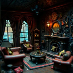 Detailed creepy living-room made of modeling clay, haunted, very accentuated details, Tim Burton, strong texture, extreme detail, Max Ernst, decal, rich moody colors, sparkles, René Magritte, bokeh, odd