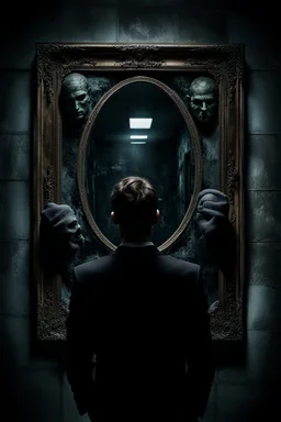 the camera see a man and mirror, the man see yourself or others in mirror, surreal mood, cracked glass, metal, cold and dark colors, nightmare, other side, monster, shadows, sinister, dark dream, high detailed, sharp focus, masterpiece