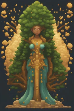 a pixel tree that sprouts in the shape of a goddess for the 2d sidescroller game