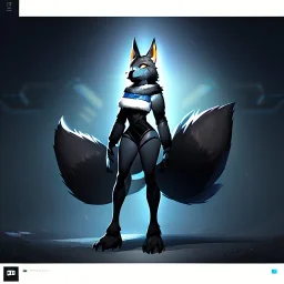 a fox fursona, darker colors, master quality, backlighting, soft lights, full body portrait, in frame, 8k, perfectly drawn face, well drawn, realistic, humanoid, furry, digitigrade legs, fur, female, anthropomorphic, skinny, cyberpunk