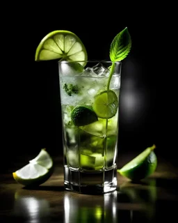 Create a photo of a drink called - mojito. Just as it is mixed as standard. With a background that is a trend in modern photography and how it is mixed in the Czech Republic and in a tall, attractive glass.