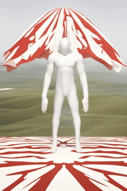 Giant massive huge in stature, majestic entity, hovering and floating over a large field landscape. the entity wears a white and red draped fabric that has printed on the material resembling stars. the fabric has also technological elements. you can see how big it is compared to a tiny human standing in front of it