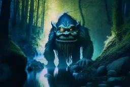 old photo of huge troll, by moonlit forest by stream, book illustration, fine detail, 4k, trending, volumetric light, depth of field