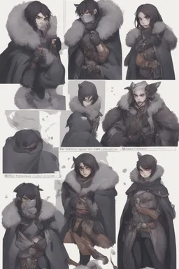 A dnd character sheet. A woman dressed for the cold north dressed in dark furs, with black hair. Death cleric wearing a mask, female woman girl