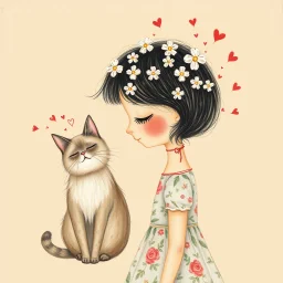 girl and a fluffy Siamese cat, naive childlike proportions, girl in profile with closed eyes and rosy cheeks, textured hair filled with white flowers and scribbled lines, simple floral dress, cat with eyes closed and tiny red hearts above its head, mixed-media acrylic and pencil texture, muted vintage pastel colors, warm beige background, dreamy feel, soft and imperfect hand-painted, naive art style.