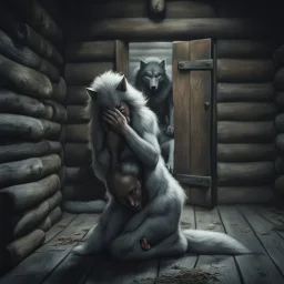 in the middle of a wooden hut an pale gray body hair pregnant anthropomorphic wolf woman creature kneeling, crying and covering eyes with her pawes, in background in the door stands dark gray body hair anthropomorphic wolfman and looking the female wolf. high contrast, high detalied, high realistic, sharp focus. The atmosphere is a seamless blend of sci-fi, dark fantasy