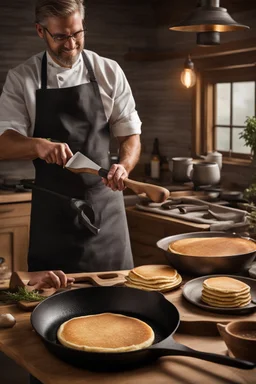 A hyper-realistic, A chef flipping a pancake in a cast iron skillet, with a spatula in hand.. full size ,Photo Real, HOF, full size, practicality,manufacturability,performance, (((realism, realistic, realphoto, photography, portrait, realistic, elegant, charming, , professional photographer, captured with professional DSLR camera, trending on Artstation, 64k, ultra detailed, ultra accurate detailed, bokeh lighting, surrealism, Thomas Kinkade backgroun