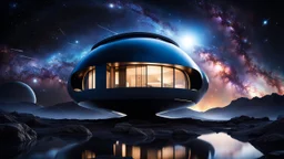 futuristic unique house flotaing in space in outer space in a star nebula, streamlined futuristic spaceship floating in front, nebula behind, stars, tiny planets in the distance, dark blue deep space Professional photography, bokeh, natural lighting, canon lens, shot on dslr 64 megapixels sharp focus, stunnig, cinematic