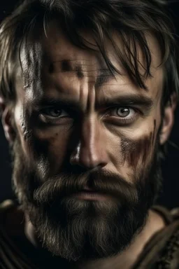 Portrait of a male warrior, scars on his face, short brown beard, middle age, dark eyes
