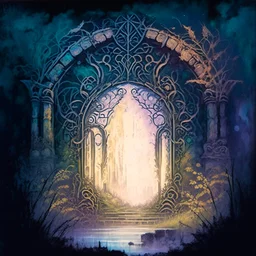 A watercolour painting, An ancient, ornate portal stands in the midst of a forgotten landscape. The glow from the portal illuminates the surrounding area, giving glimpses of fantastical worlds and creatures lurking just beyond the threshold.