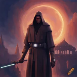 star wars bald male corellian jedi pilot wearing black and gunmetal grey old republic armored robes with gold trim, alone, battle-ready Jedi Master defending a ruined ancient city surrounded by golden light, centered head and shoulders portrait, hyperdetailed, dynamic lighting, hyperdetailed background, 8k resolution, volumetric lighting, light skin, fully symmetric details