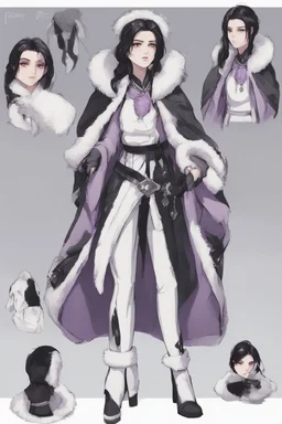 A dnd character sheet. A woman dressed for the cold north in black and white furs, with black hair and lilac eyes. She is dressed in white and black furs.