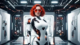 Pretty robot woman, total electric robotic body, good body, big bubs, short red electric haired, sun glases, futuristic stage, good shapes, excelent artificial inteligence interpretation, serious mode, tecnologic room behind background.