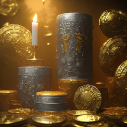 dynamic lighting, Intricately detailed, Splash screen art, deep color, Unreal Engine, volumetric lighting, silver coins, gold coins, silver treasure, stacked coins, indoors, candle, altar, black table, sigil, shiny, metallic, bullion,