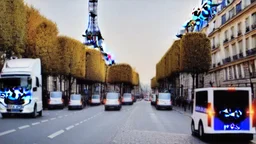 A police Tesla Cybertruck is chasing a Tesla 'Model S Plaid' at top speed, by the 'Sacre Coeur', in Paris. CINEMATIC. WIDE ANGLE LENS. PHOTO REAL.