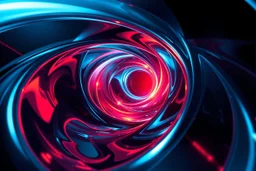 Futuristic Glass & Light Vortex High-end abstract digital artwork featuring smooth, metallic, and glassy curved shapes swirling into a central vortex. Vibrant red and orange glowing light emanates from the center, casting a warm radiance against deep indigo and black tones. Sleek reflective surfaces, intricate geometric twists, and a dynamic sense of motion. Cinematic sci-fi aesthetic.