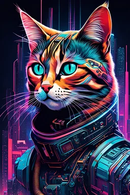 Ilustración lineal arte conceptual de un gato Calicó cyberpunk, hiperdetallada, increíble obra de arte, colores complementarios, maximalista