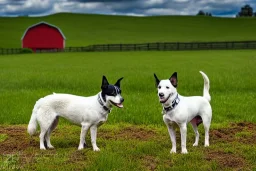 Photograph 60 mm lens. Technological singularity. Post-apocalypse utopia. Machine, fake smile, staring eyes. Milky white lay figures torso on the ground. Grass, mud. dirt. Dog sniffing the torso. An yard of a farm is in the Background. Puddles. Zoom. Background is fussy. Cyborg's torso is dirty.