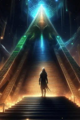 glitter in the air, portrait of Nyarlathotep from Cthulhu mythos walking down stairs, stars shining, Egyptians with the hair standing straight up in front of pyramid of Babel. 4 k, down light, depth of field, trending art, spray paint, high detail, fantasy art, alien connection, future tech, boxes