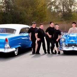 a 50s Greaser group standing in front of a hot rod