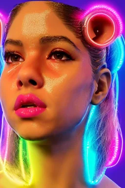 Shakira artist, Realistic image, natural waist up portrait, natural busty , perfect eyes, glow, circle iris, eye liner. pigtails hair, spray line make up, glow. lips, gold. big rings piercing, led ornament. coat, latex, inflatable, hot, led lights, minimal, neon, pink, blue, gold, vibrant color, highly detailed, art stations, concept art, smooth, unreal engine 5, god lights, ray tracing, RTX, lumen lighting, ultra detail, volumetric lighting, 3d, finely drawn, high definition, 4k.