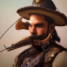 portrait,"Insanely detailed photograph of a male western mustachioed crossbowman", detailed charro and Sombrero, digital painting,eye patch, cigar, artstation, concept art, sharp focus, illustration, art by artgerm and greg rutkowski and alphonse mucha, 8 k,fantasy, unreal engine