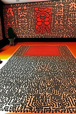A light rosy orange colored Karoo with moles designed in Moroccan rug art painted by Keith Haring
